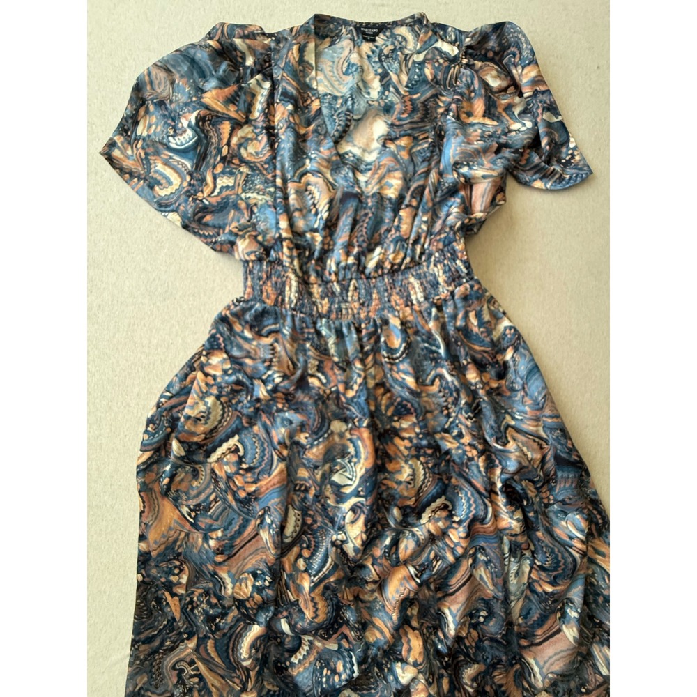 Marciano Guess Blue Copper Abstract Marble Print Smocked V-Neck Maxi Dress L